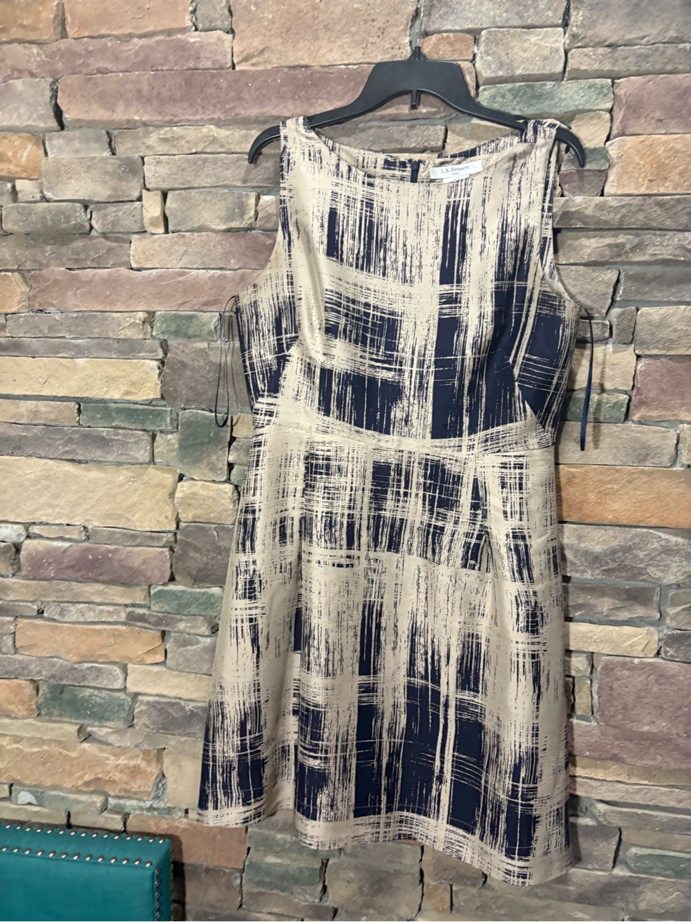 LK Bennett Abstract Denhham Navy & Silk Cream Dress Sz 10